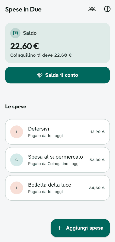 Spese in Due, l’app creata da Forgia per dividere le spese di casa: tre spese e il saldo.